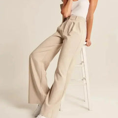 White wide-leg high-waist women's trousers, stylish high-waist pants with a relaxed fit, perfect for casual or office wear.