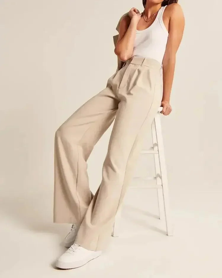 White wide-leg high-waist women's trousers, stylish high-waist pants with a relaxed fit, perfect for casual or office wear.