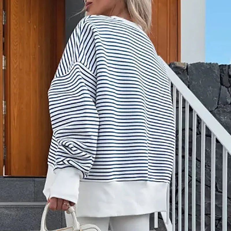Striped Sweatshirt Women Loose Fit O-Neck Long Sleeve