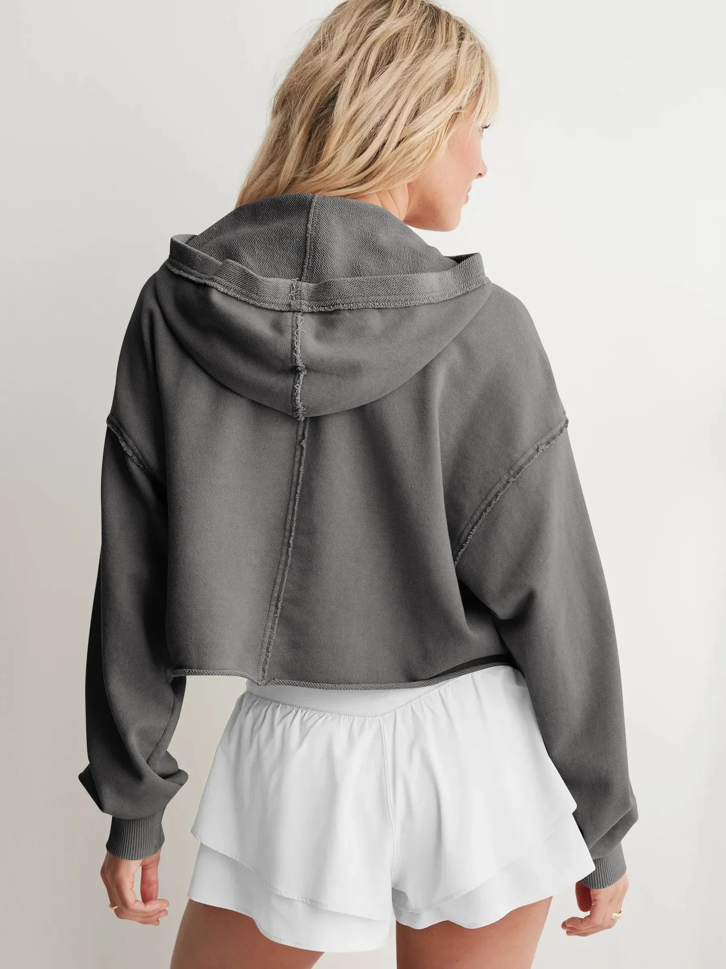 Cropped Hoodie Women Relaxed Fit Cotton Blend Casual