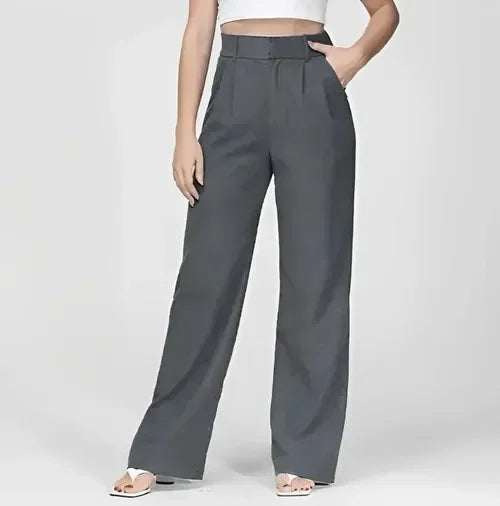 White wide-leg high-waist women's trousers with a relaxed fit, stylish high-rise design, perfect for casual or office wear.