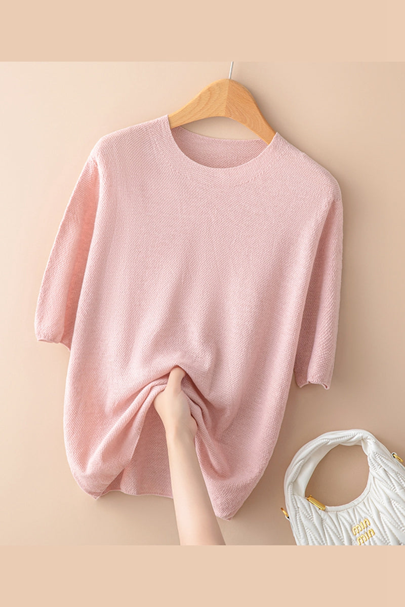 Seamless Knit Pullover Women Wool Blend Relaxed Fit Short Sleeve