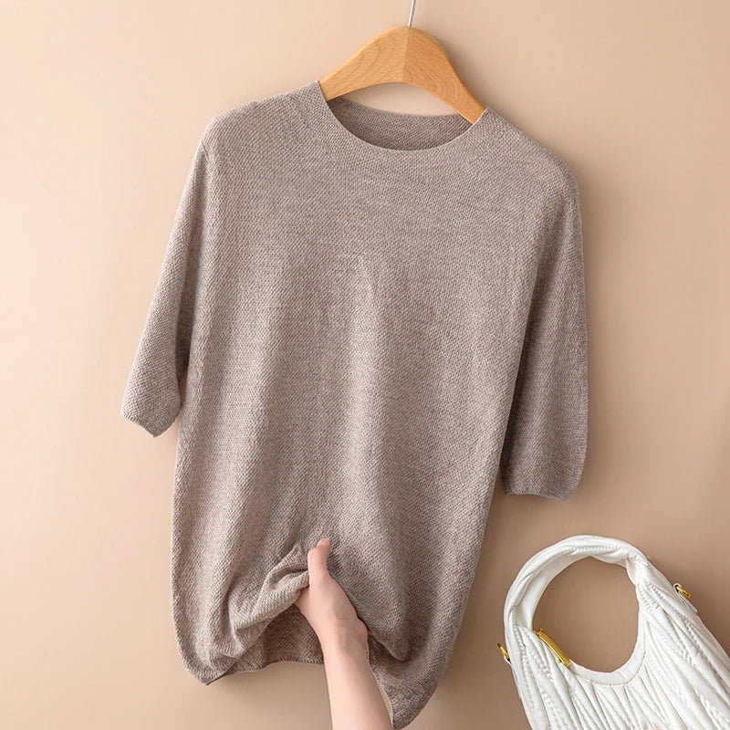 Seamless Knit Pullover Women Wool Blend Relaxed Fit Short Sleeve