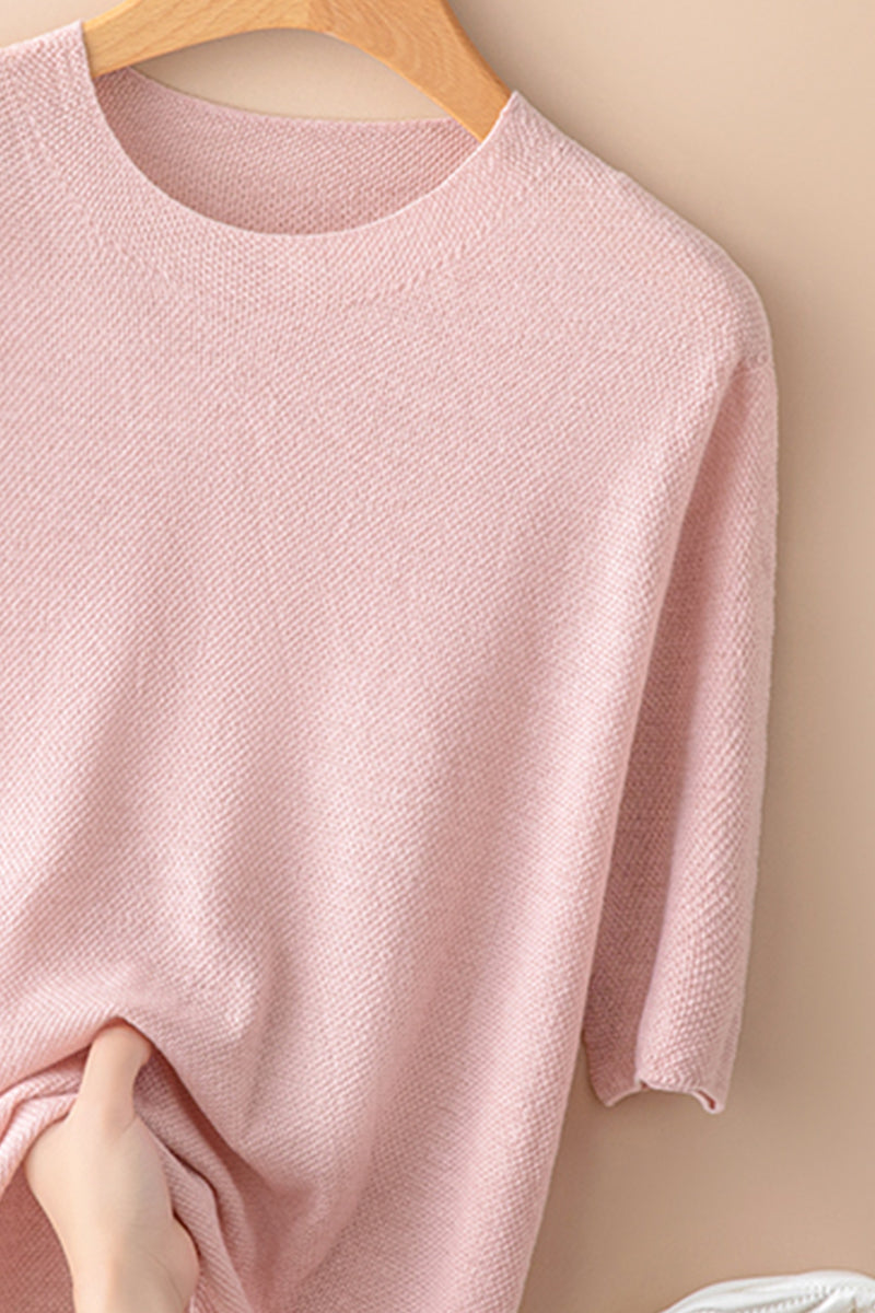 Seamless Knit Pullover Women Wool Blend Relaxed Fit Short Sleeve