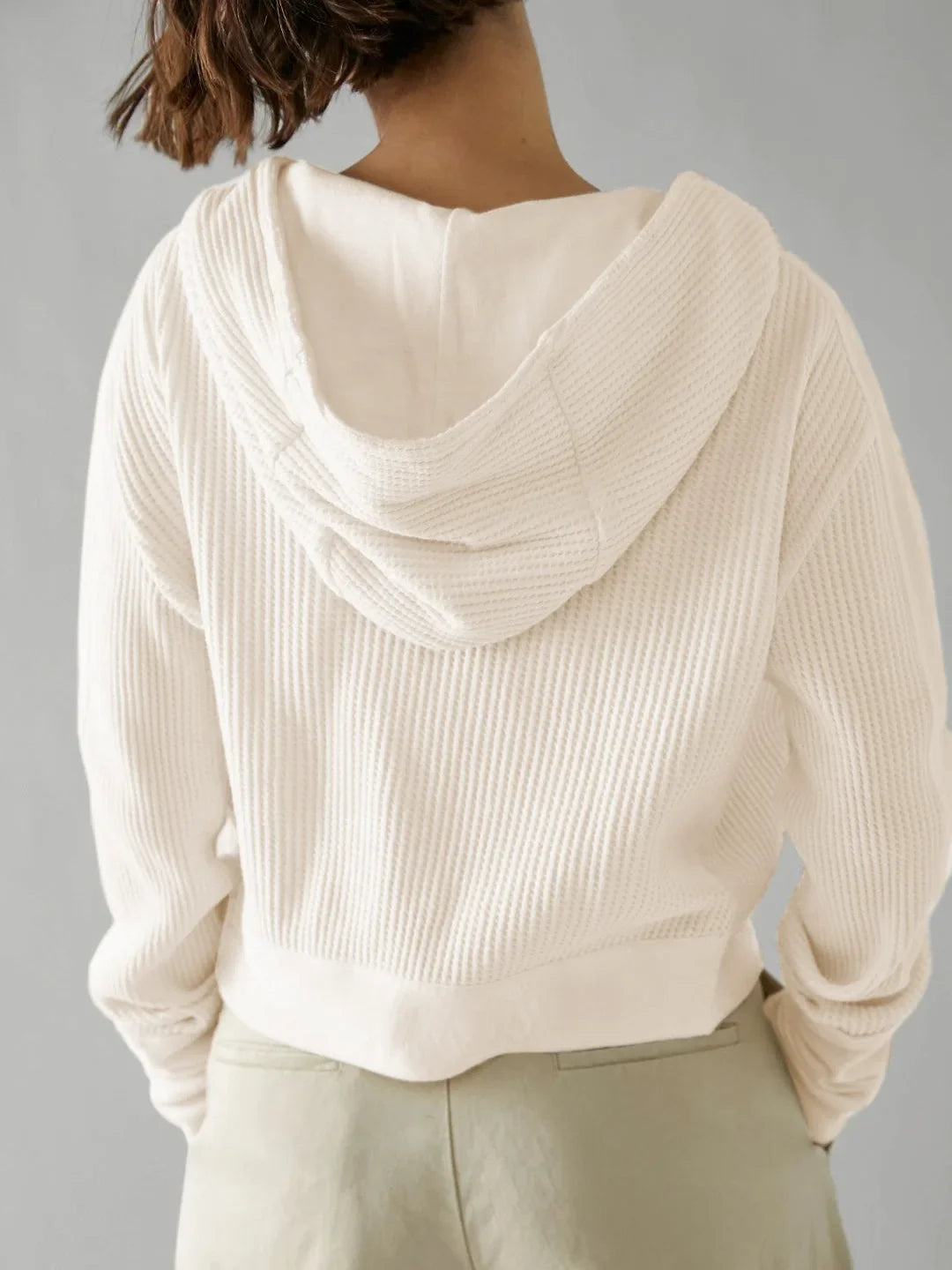 Cropped Waffle Hoodie Women Cotton Zip Front Hooded