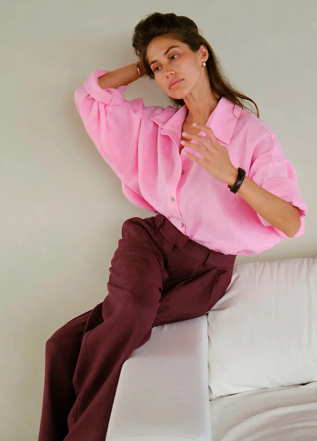 Women's high-waist wide-leg linen blend trousers, loose pull-on pants, casual and comfortable fashion from My Store.