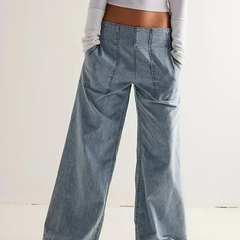 Blue denim wide-leg women's jeans by My Store, relaxed fit pants with a casual, comfortable style.