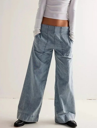 Blue denim wide-leg women's jeans by My Store, relaxed fit pants with a casual, comfortable style.