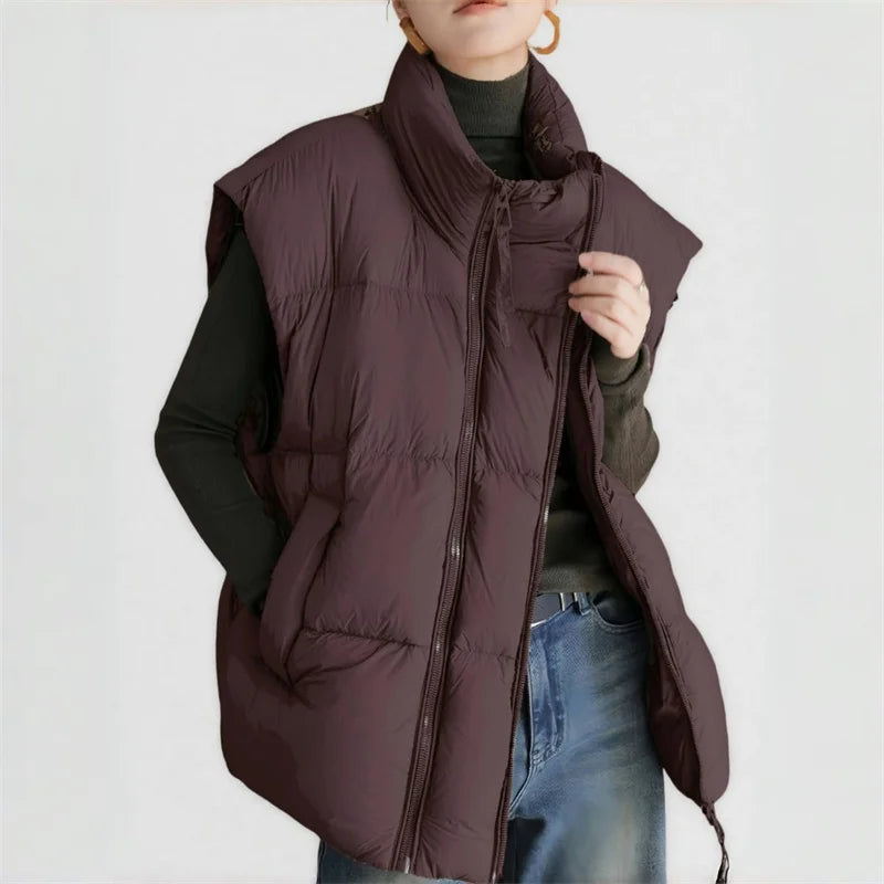 Down Padded Vest Women Cropped Stand Collar Insulated