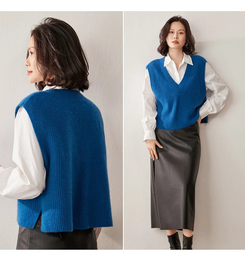 Ribbed Cashmere Vest Women V-Neck Sleeveless Knit