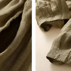 Beige tapered linen trousers for women, loose pull-on style, made from lightweight linen fabric, casual and comfortable for everyday wear.