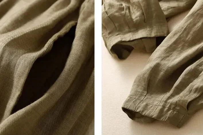 Light beige tapered linen trousers for women, loose pull-on style, made from breathable linen fabric.