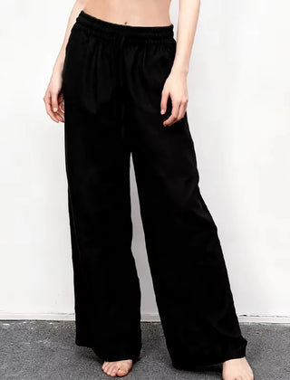 Women’s cotton linen wide-leg drawstring trousers, loose pull-on pants with relaxed fit and comfortable waistband.