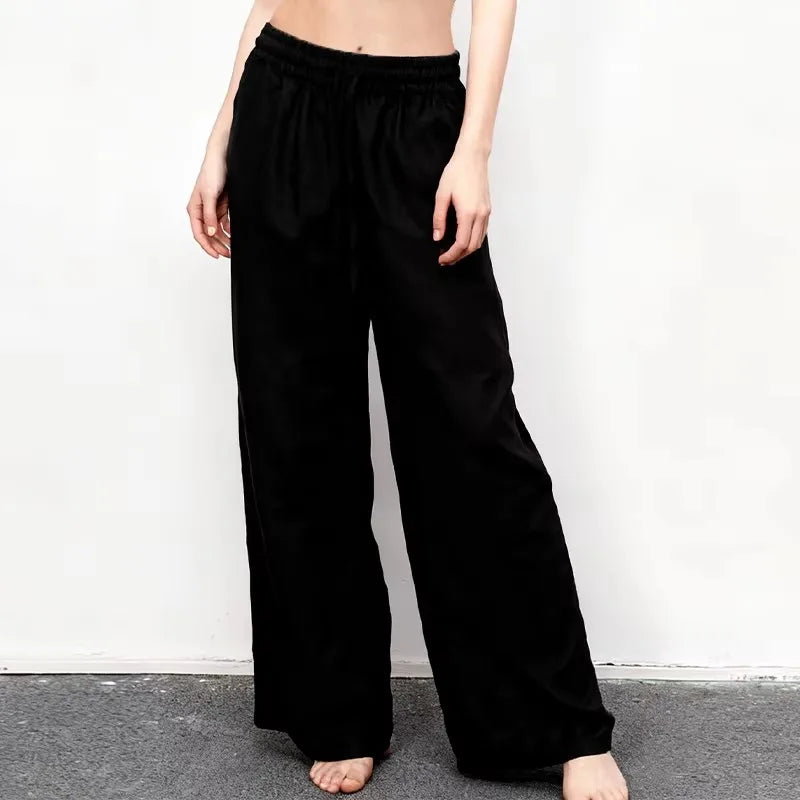 Women’s cotton linen wide-leg drawstring trousers, loose pull-on pants with relaxed fit and comfortable waistband.