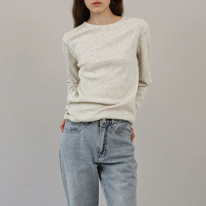 Long Sleeve Knit Tee Women Cotton Blend Relaxed Fit