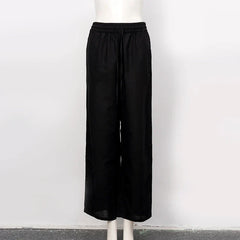 Light beige cotton linen wide-leg drawstring trousers for women, loose pull-on style with comfortable fit.