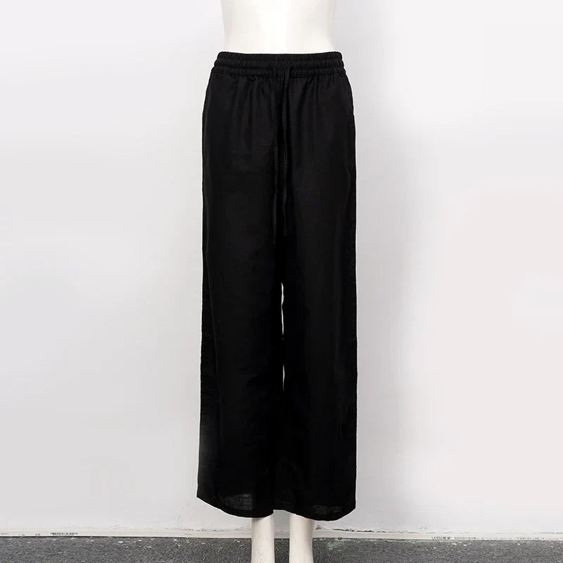 Light beige cotton linen wide-leg drawstring trousers for women, loose pull-on style with comfortable fit.