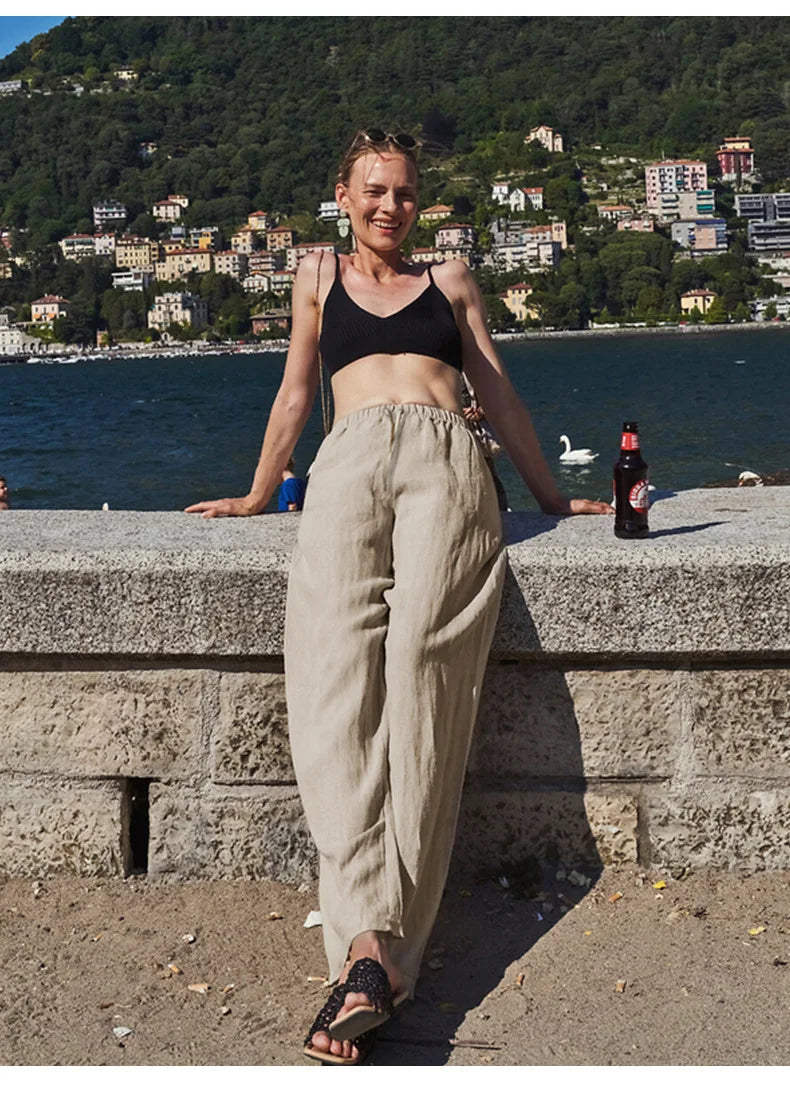 Knit wide-leg drawstring trousers for women, loose pull-on style, in soft fabric, featuring a relaxed fit and comfortable design.