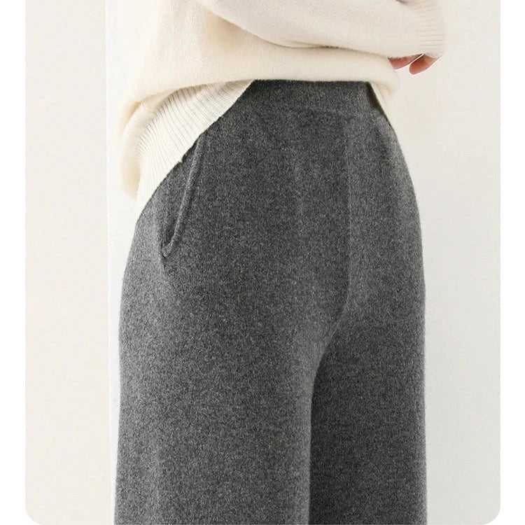 Wide-leg merino wool joggers for women, featuring a comfortable fit and soft texture, stylishly displayed in the image.