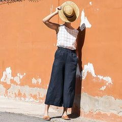 Linen cropped wide-leg drawstring trousers for women, loose pull-on style, beige color, comfortable and stylish casual pants.