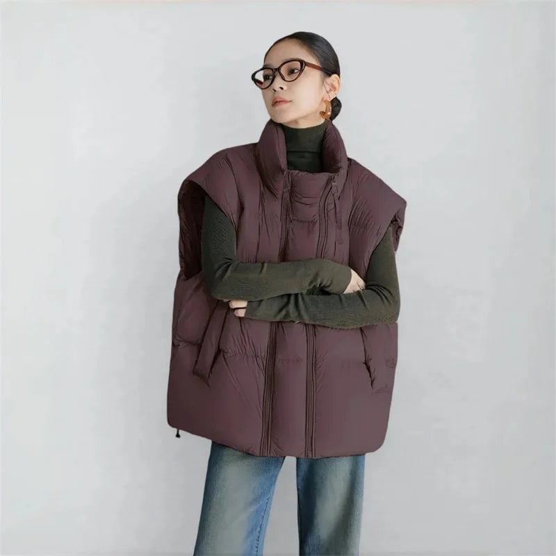 Down Padded Vest Women Cropped Stand Collar Insulated