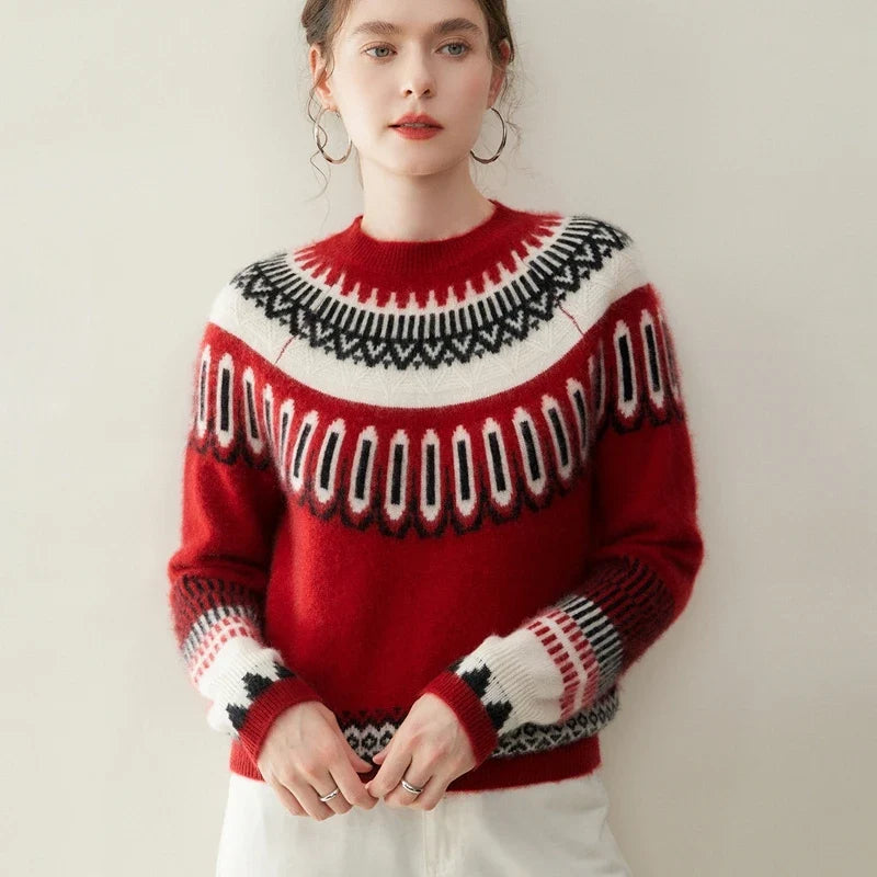 Fair Isle Cashmere Sweater Women Crew Neck Ribbed Knit