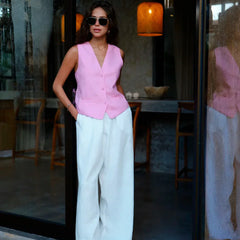 Women's high-waist wide-leg linen blend trousers with a loose pull-on design, shown in a stylish and comfortable fit.