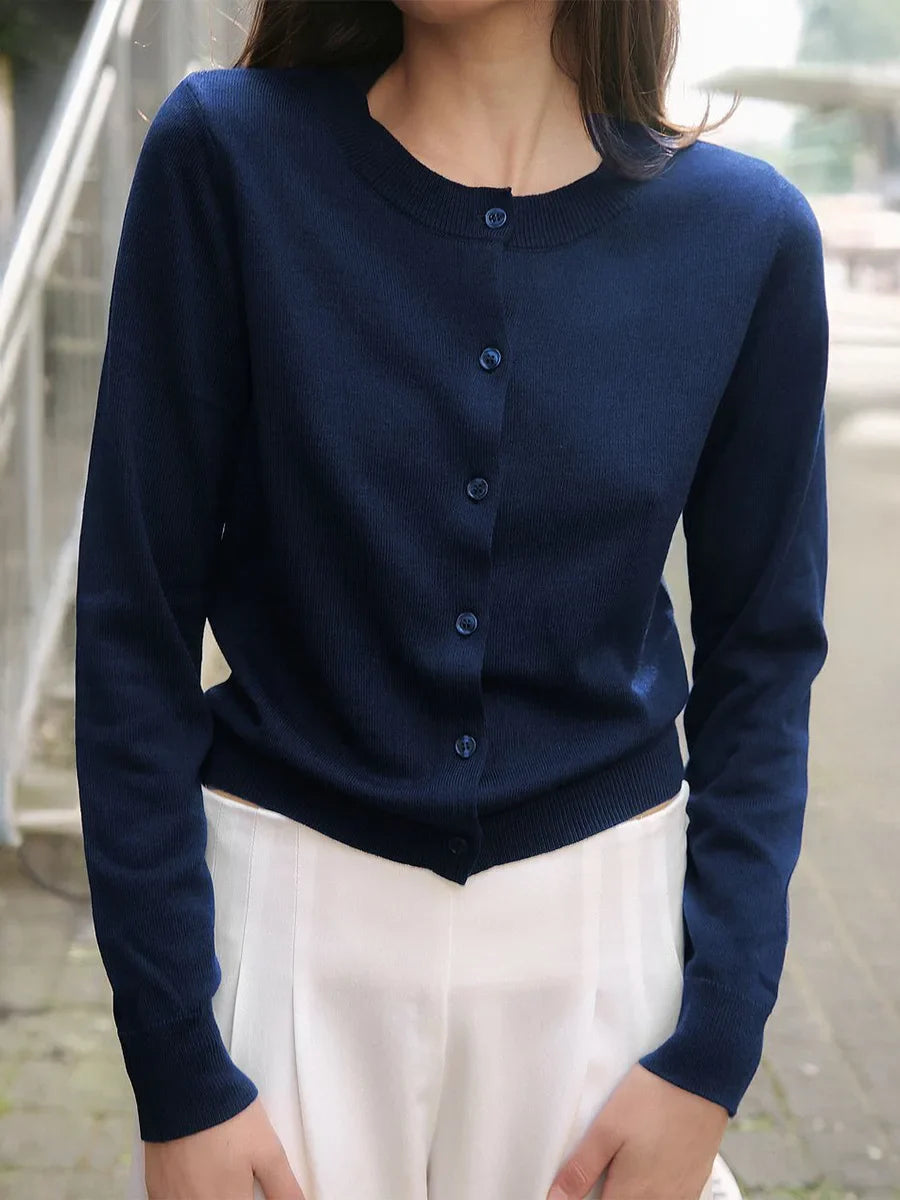 Knit Button Cardigan Women Round Neck Slim Fit
