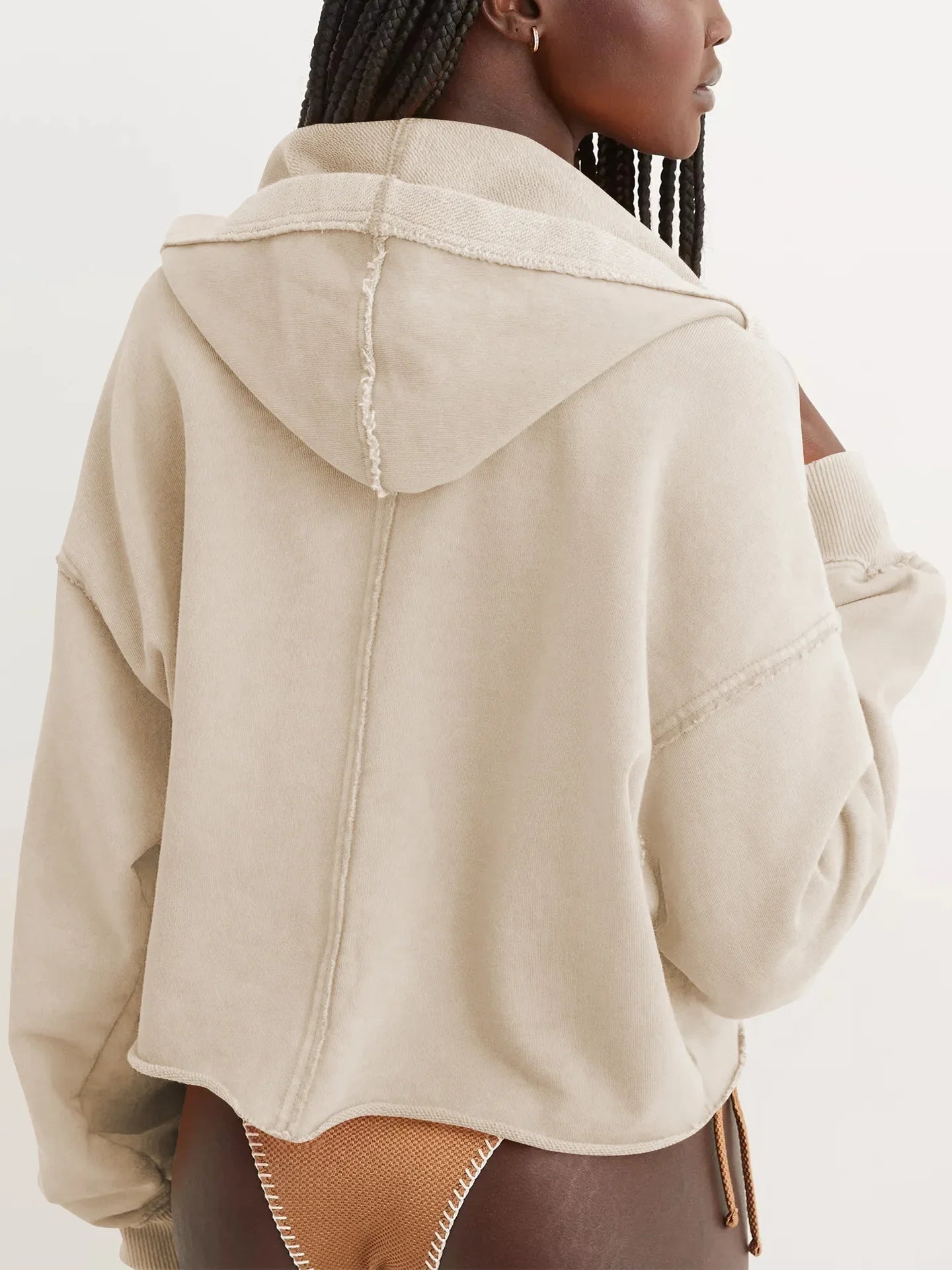 Cropped Hoodie Women Relaxed Fit Cotton Blend Casual