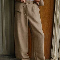 Women's high-waist wide-leg linen blend trousers with a relaxed fit, pull-on style, perfect for casual or office wear.