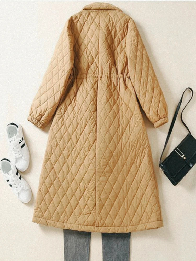 Quilted Long Coat Women Belted Button Front Longline
