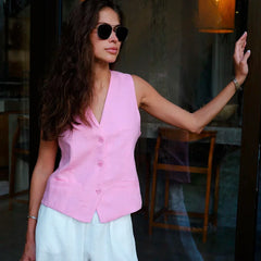 Women's high-waist wide-leg linen blend trousers with a loose pull-on style, featuring a relaxed fit and comfortable waistband.