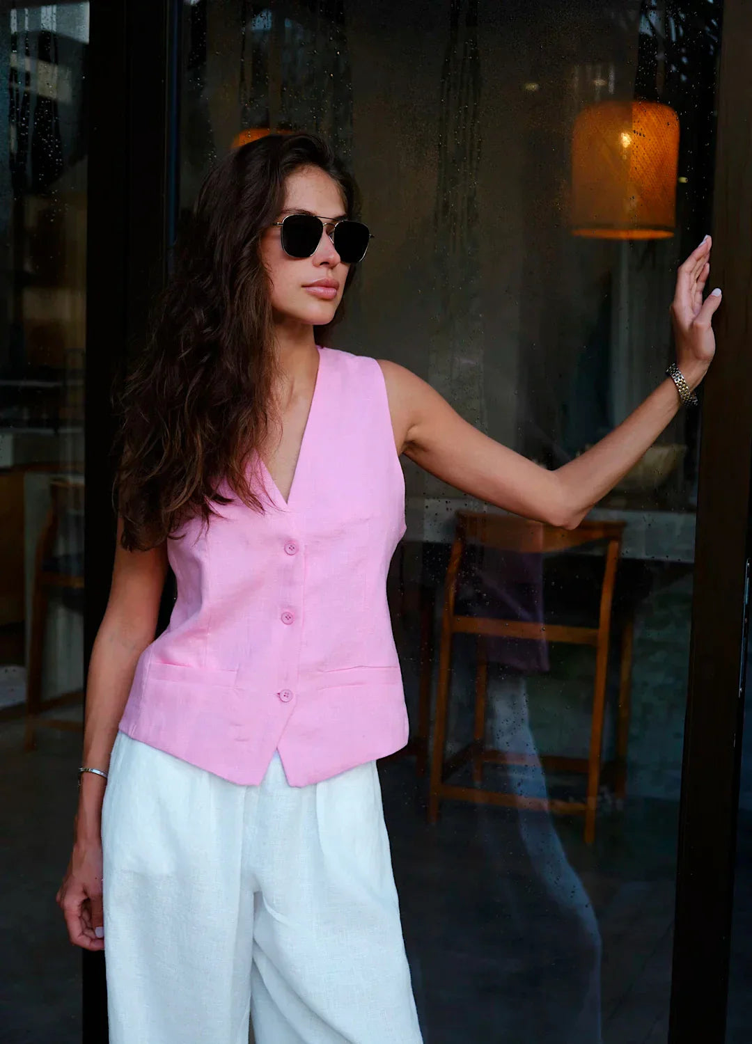 Women's high-waist wide-leg linen blend trousers with a loose pull-on style, featuring a relaxed fit and comfortable waistband.