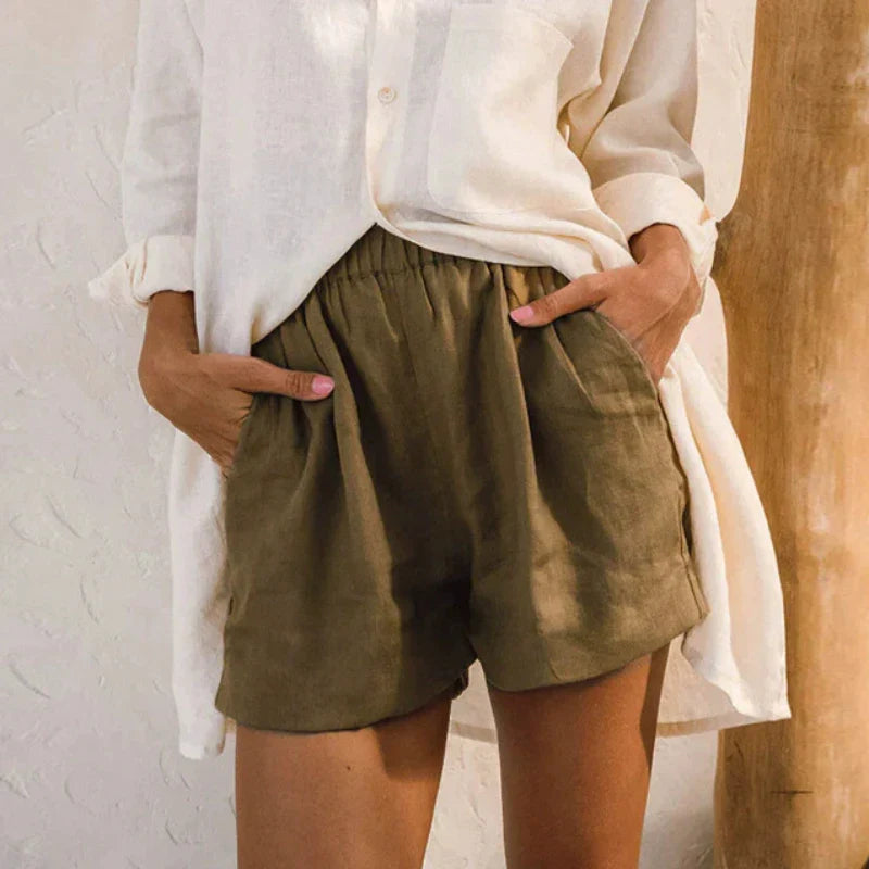 High waist linen blend shorts for women with elastic waistband, stylish and comfortable pants from My Store.