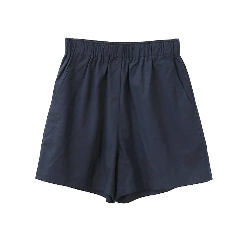 Women’s high-waist linen blend shorts with elastic waistband, stylish and comfortable pants for warm weather.