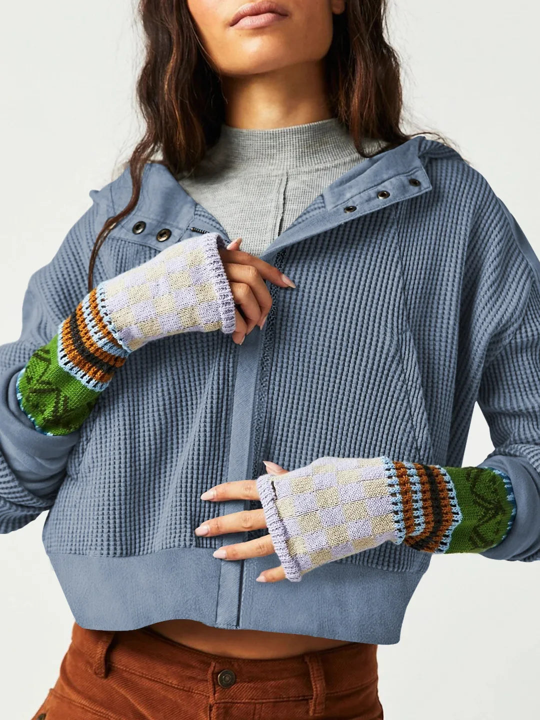 Cropped Waffle Hoodie Women Cotton Zip Front Hooded