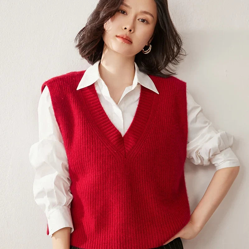 Ribbed Cashmere Vest Women V-Neck Sleeveless Knit
