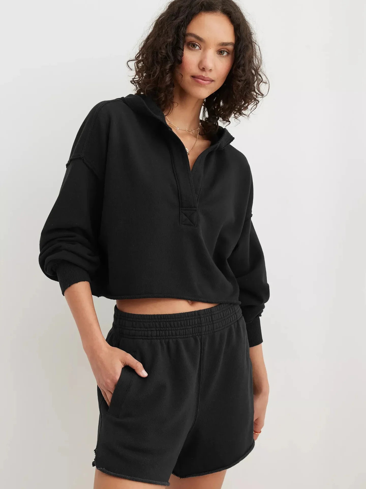 Cropped Hoodie Women Relaxed Fit Cotton Blend Casual