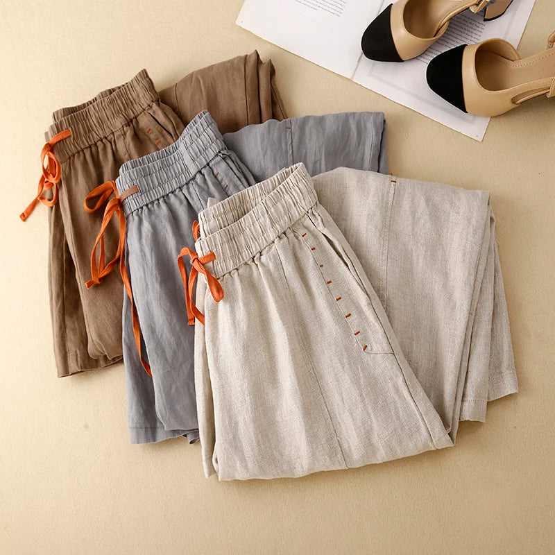 Women's linen wide-leg drawstring trousers from My Store, loose pull-on pants with relaxed fit and comfortable style.