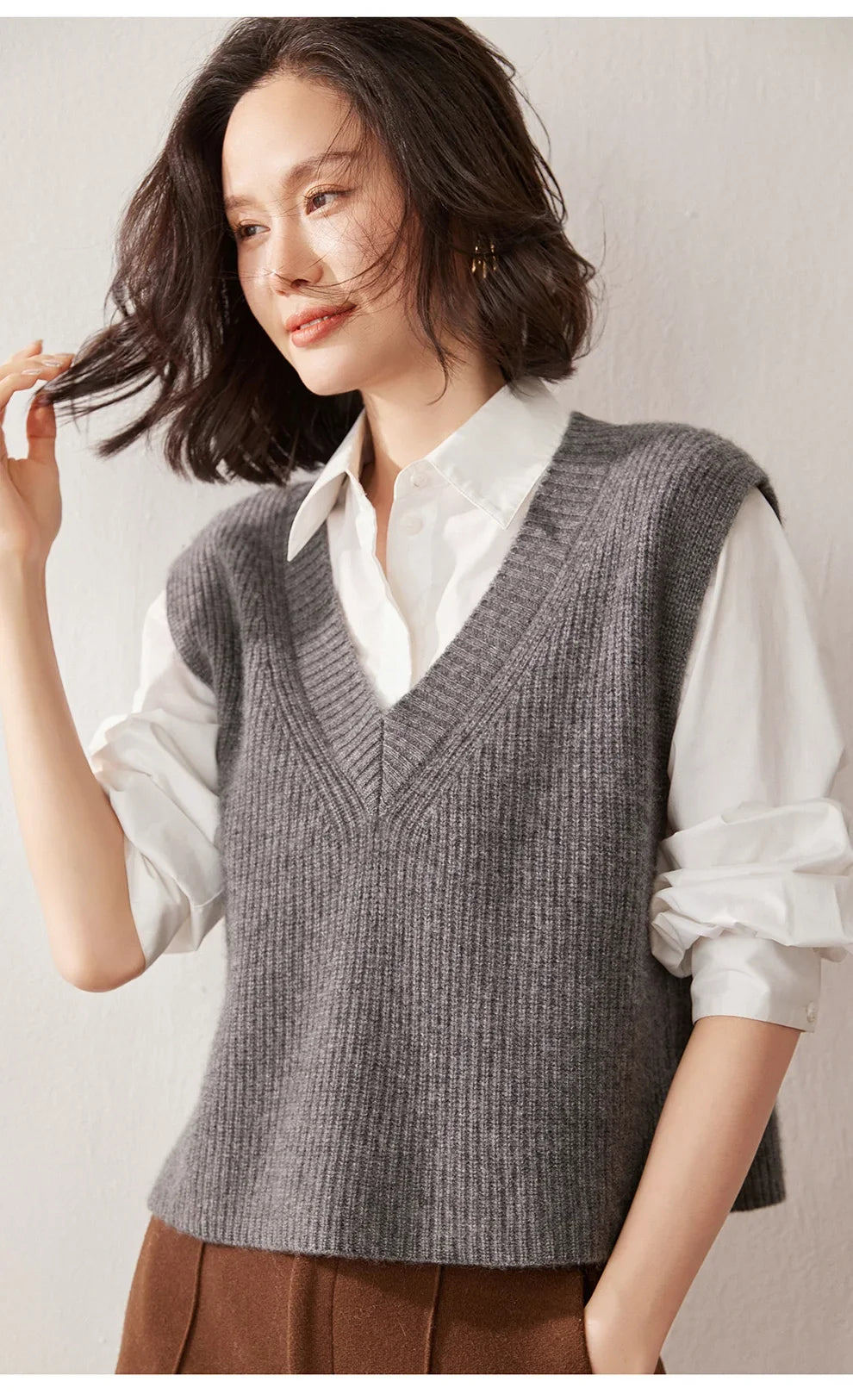Ribbed Cashmere Vest Women V-Neck Sleeveless Knit