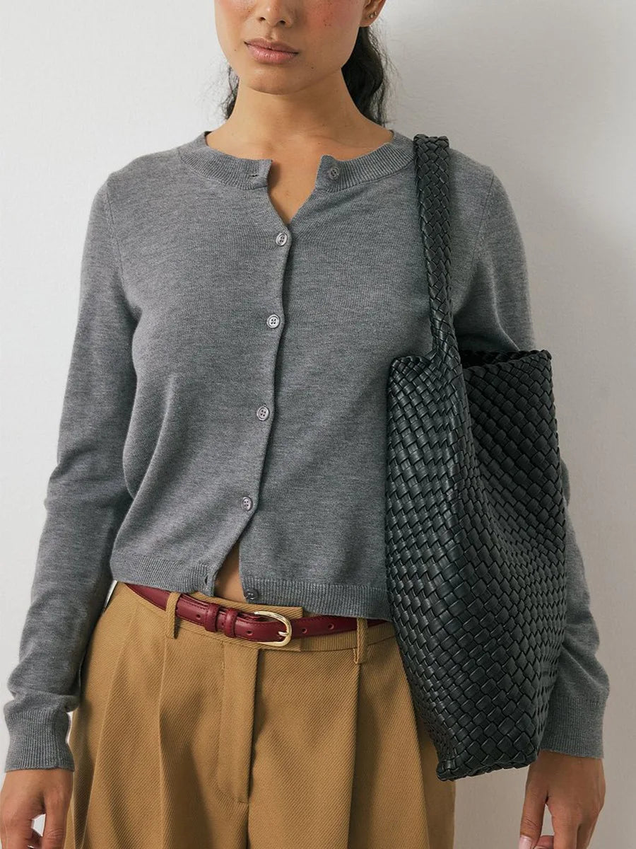 Knit Button Cardigan Women Round Neck Slim Fit