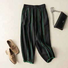 Light-colored striped wide-leg linen trousers for women, loose pull-on style, comfortable and stylish casual pants.