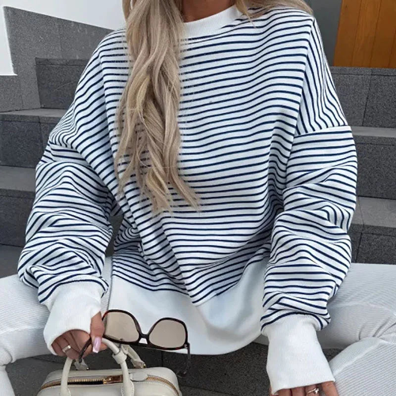 Striped Sweatshirt Women Loose Fit O-Neck Long Sleeve