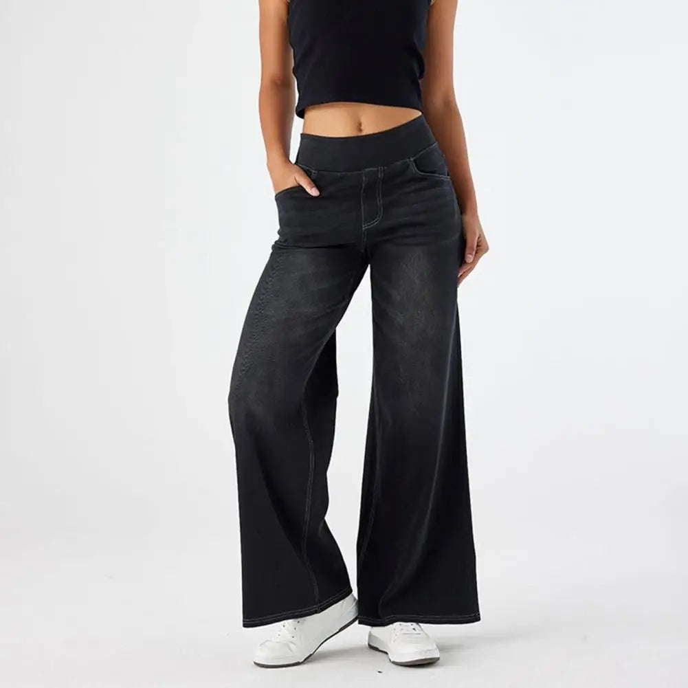 Lace wide-leg high waist women's trousers with pull-on design, stylish and comfortable pants for modern women.