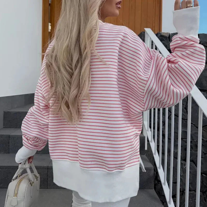 Striped Sweatshirt Women Loose Fit O-Neck Long Sleeve