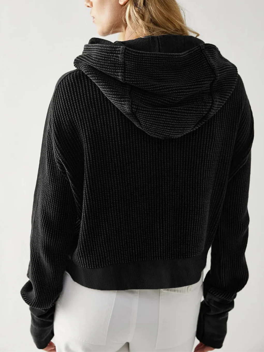 Cropped Waffle Hoodie Women Cotton Zip Front Hooded