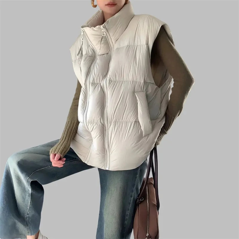 Down Padded Vest Women Cropped Stand Collar Insulated