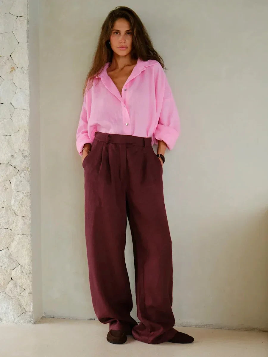 Women's high-waist wide-leg linen blend trousers, loose pull-on pants, in natural fabric, shown in relaxed fit style.