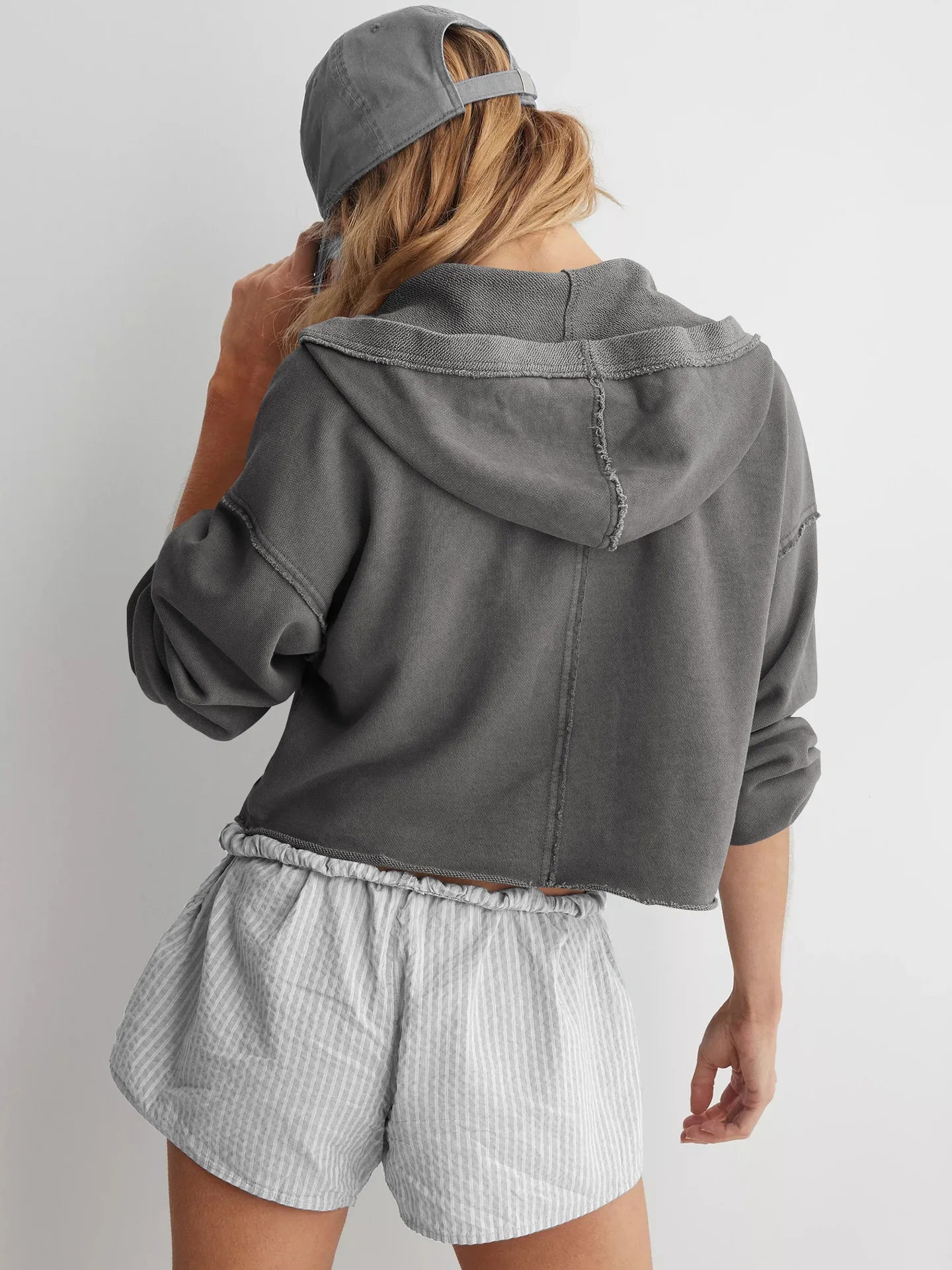 Cropped Hoodie Women Relaxed Fit Cotton Blend Casual