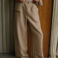 Women's high-waist wide-leg linen blend trousers with a loose pull-on style, featuring a relaxed fit and comfortable waistband.